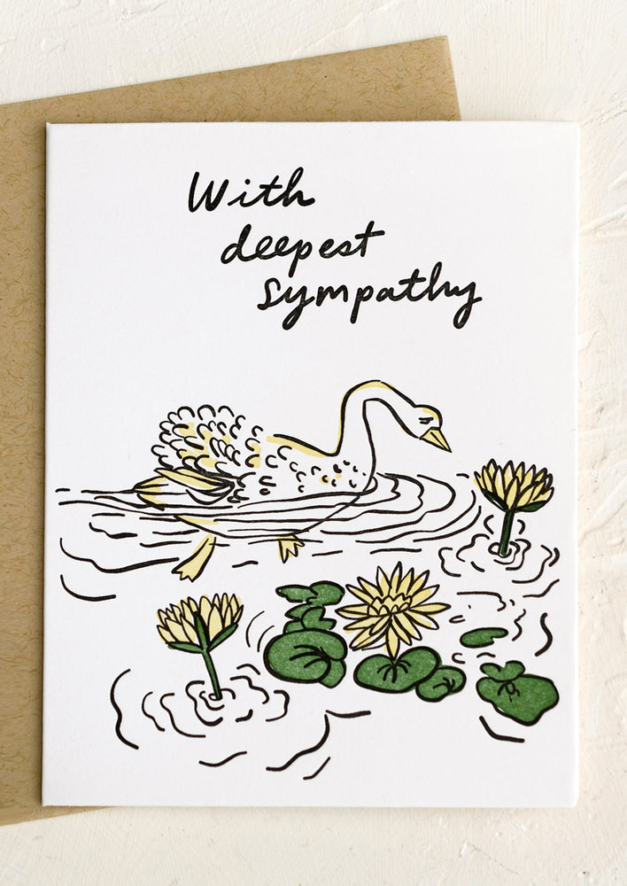 A card with image of swan, text reads "With deepest sympathy".