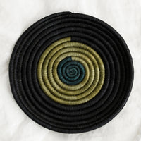 Black / Olive / Lagoon: A round, shallow sweetgrass tray in black, olive green and teal.