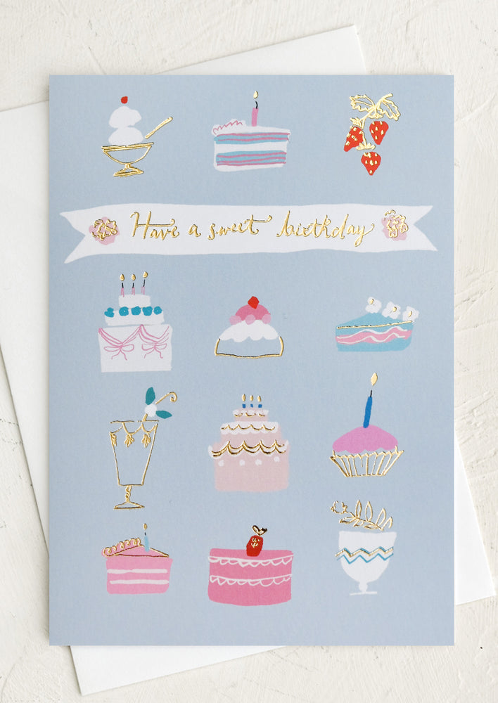 1: A greeting card with images of various desserts, text reads "Have a sweet birthday".