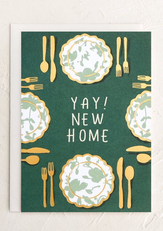 A card with illustration of green table setting, text reads "YAY! New Home".