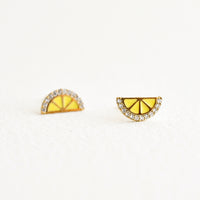 1: Stud earrings in the shape of a lemon wedge with crystal "rind".