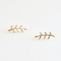 1: Gold stud earrings in leaf/sprig design with cubic zirconia "leaves".