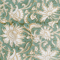 4: A block print tablecloth in sea green with white and brown floral print.
