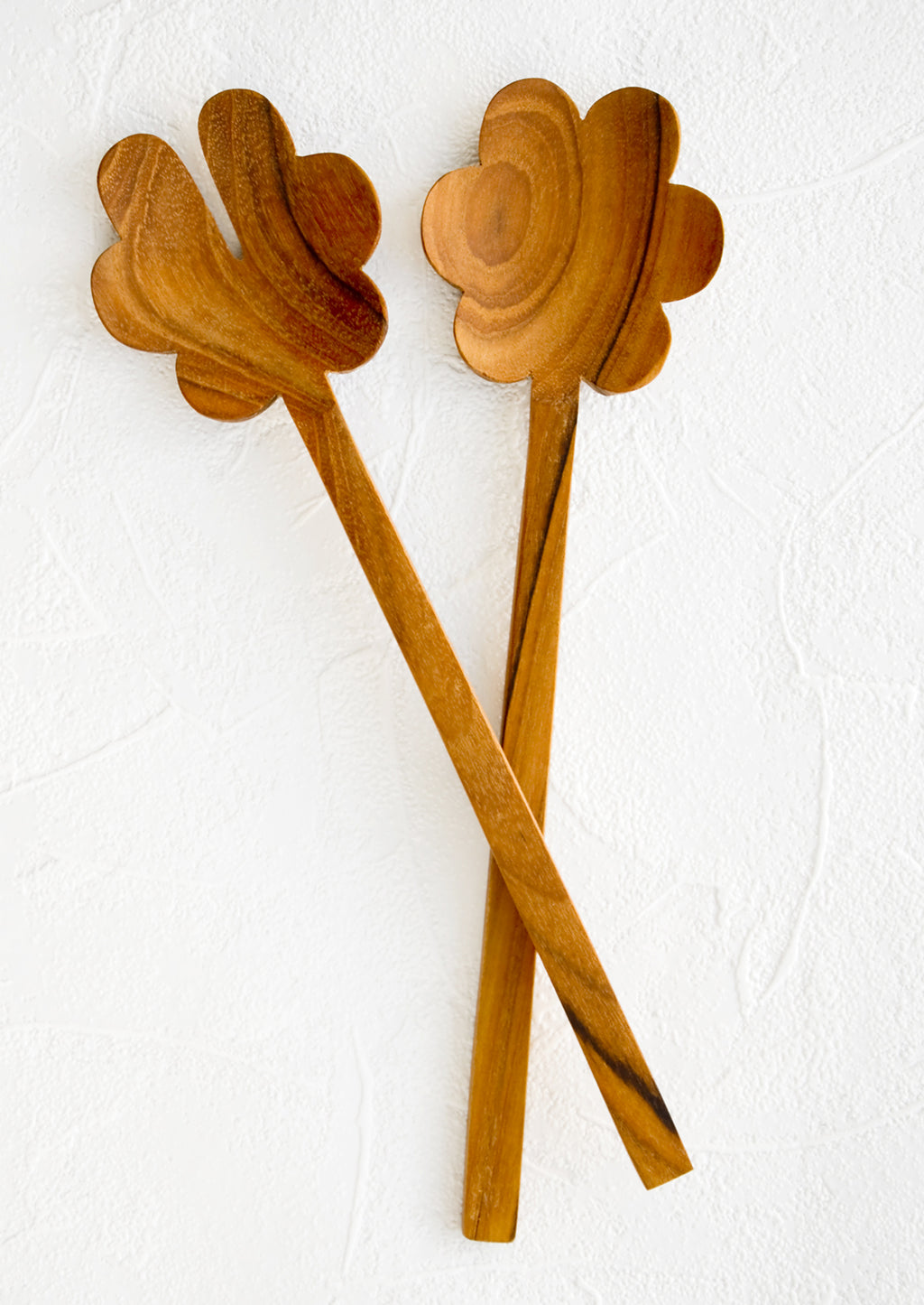 3: Pair of wooden, flower-shaped salad servers made from teak