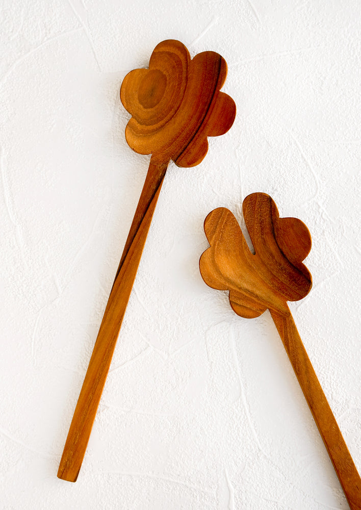 1: Pair of wooden, flower-shaped salad servers made from teak