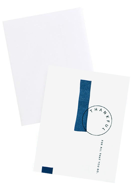 White notecard with black text "Thankful For All That You Do" and navy blue painted swatches, with white envelope.