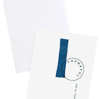 2: White notecard with black text "Thankful For All That You Do" and navy blue painted swatches, with white envelope.