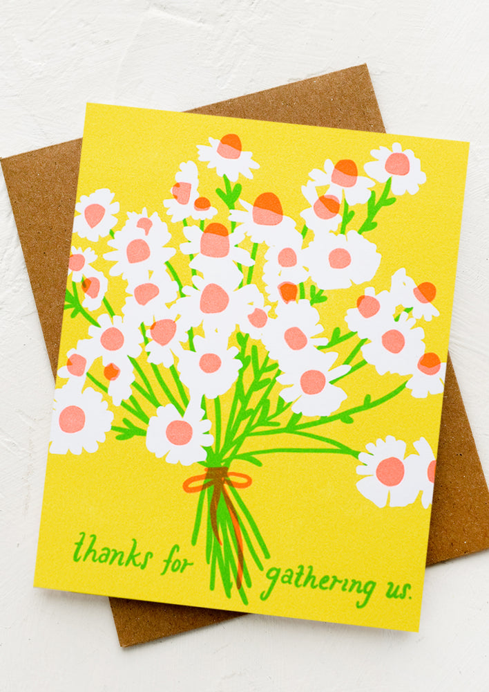 1: A greeting card with flower bouquet and text reading "Thanks for gathering us.