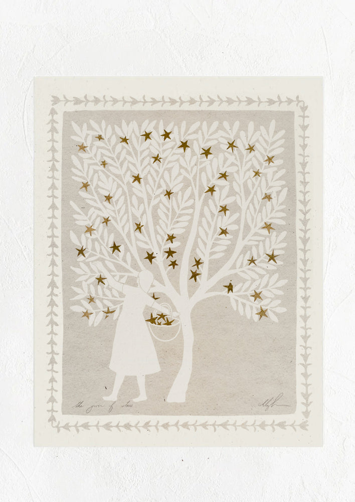 A print with outline of a woman collecting gold stars from a tree.