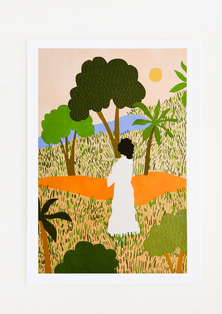 Digital art print of a woman in a white dress gazing unto a forested pathway, viewed from behind.