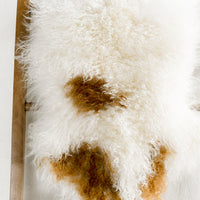 1: A cream and brown curly lamb fur hide on a ladder.