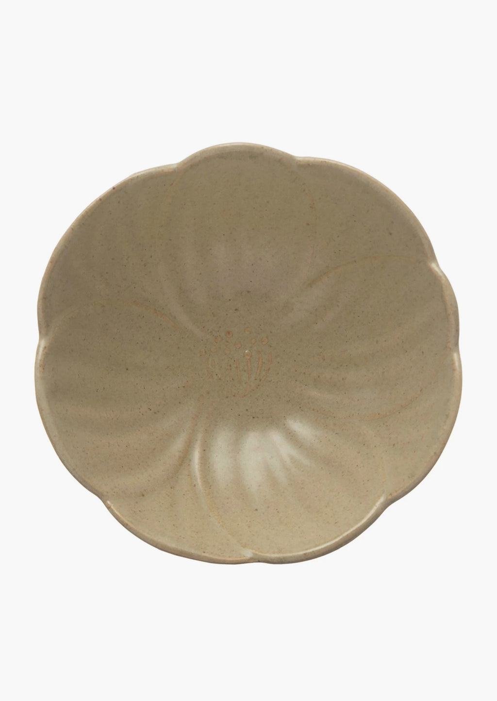 3: A tan ceramic flower shaped bowl.