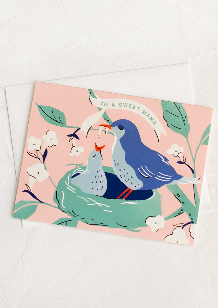A card with image of birds in nest, text reads "To a sweet mama".
