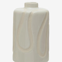 3: A glossy white ceramic vase with subtle cream squiggle design.