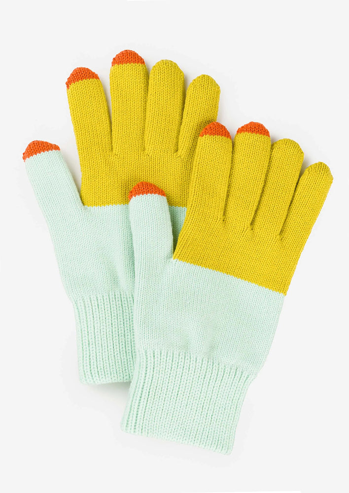 Aqua / Chartreuse: A colorblock pair of knit yarn gloves in aqua and chartreuse with orange tips.