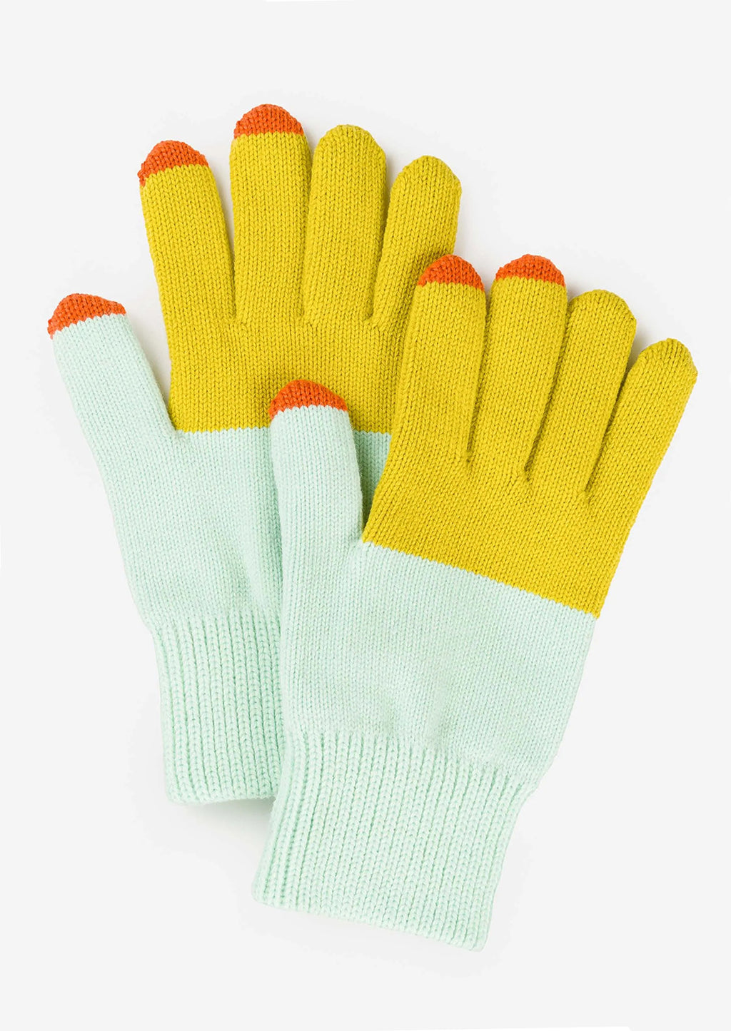 Aqua / Chartreuse: A colorblock pair of knit yarn gloves in aqua and chartreuse with orange tips.