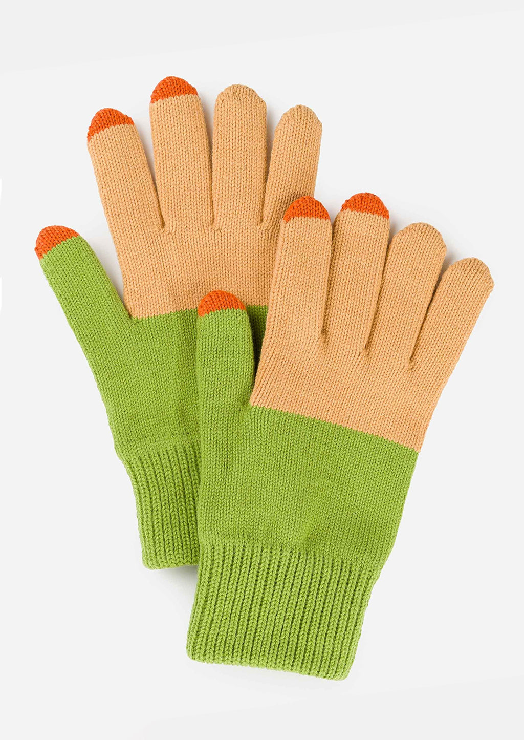 Kiwi / Camel: A colorblock pair of knit yarn gloves in camel and kiwi with orange tips.