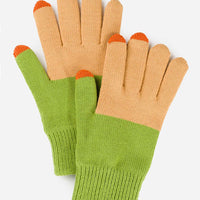 Kiwi / Camel: A colorblock pair of knit yarn gloves in camel and kiwi with orange tips.