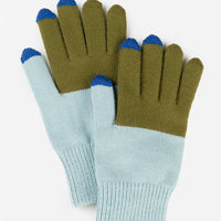 Cloud / Olive: A colorblock pair of knit yarn gloves in aqua and olive green with cobalt blue tips.