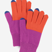 Orchid / Poppy: A colorblock pair of knit yarn gloves in orchid and poppy with navy blue tips.
