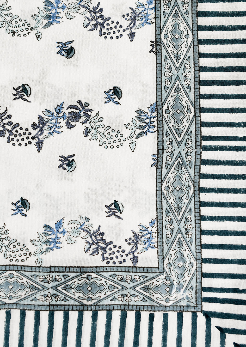 3: A block printed floral tablecloth in white and blue.