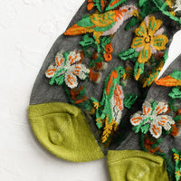 2: A pair of sheer black socks with tropical parrot print and green toe.