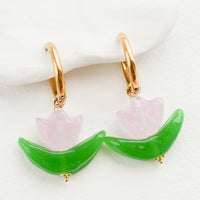 Pink: Glass earrings in the shape of a tulip in pink, with gold huggie hoop base.