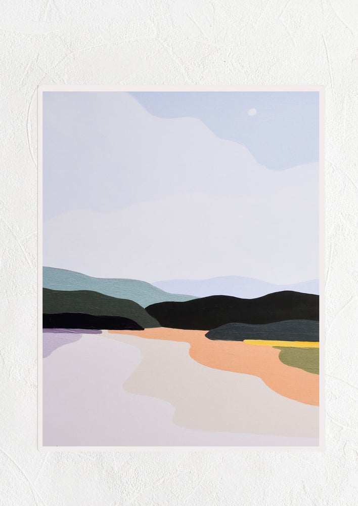 An art print with painted image of landscape under the sky.