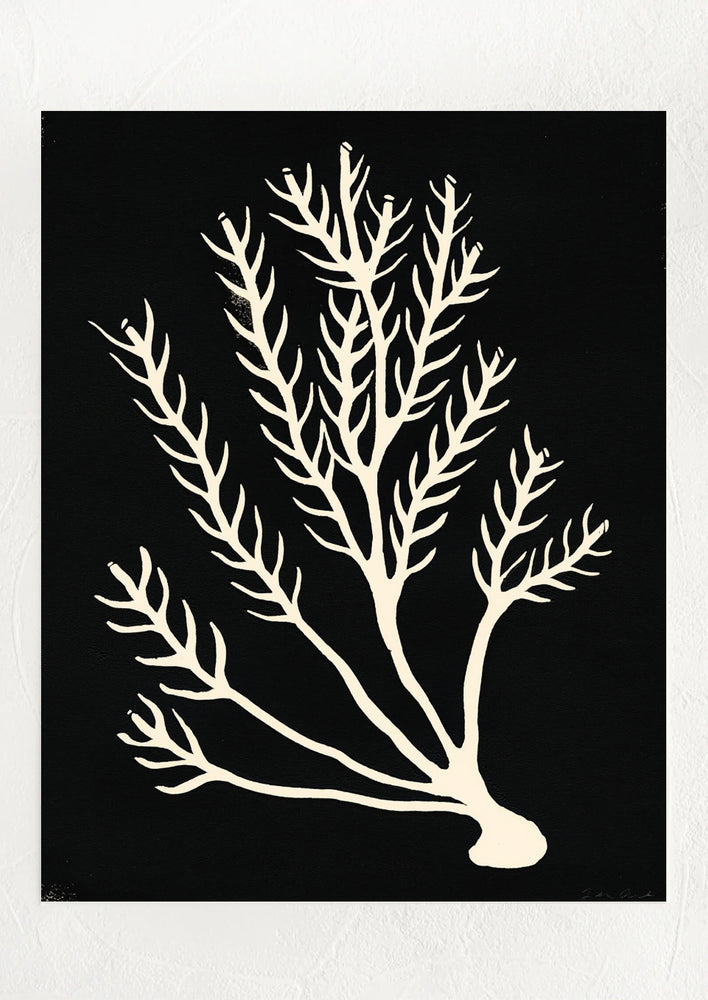 1: A black and white art print of a silhouetted seaweed.
