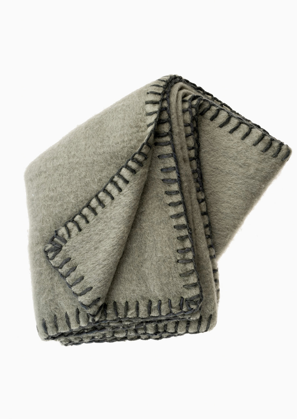 6: A sage mohair blanket with olive yarn whipstitched trim.