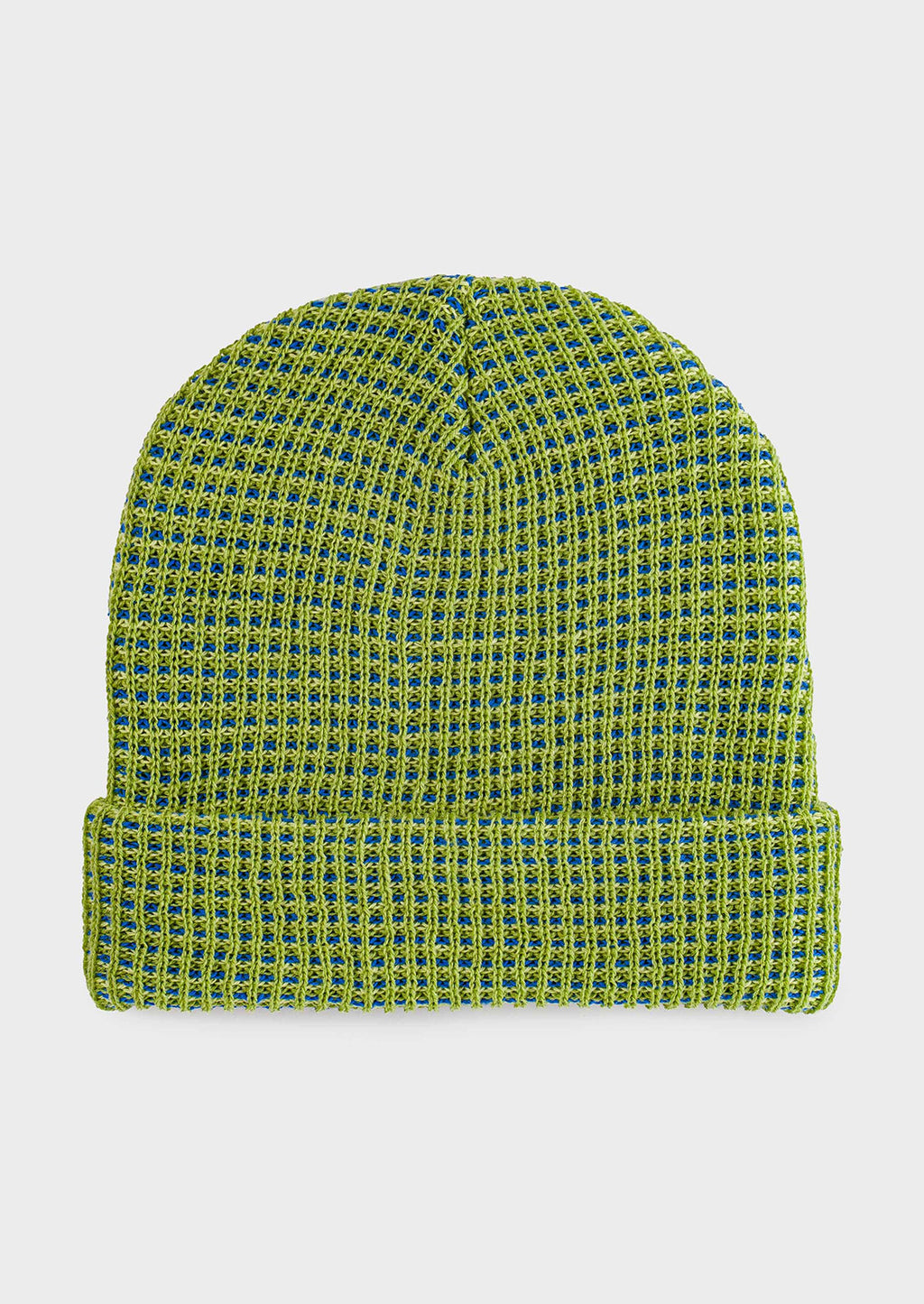 Chartreuse / Cobalt: A rib knit beanie in chartreuse and cobalt.
