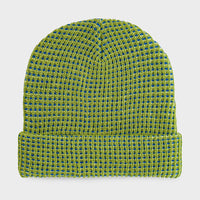 Chartreuse / Cobalt: A rib knit beanie in chartreuse and cobalt.