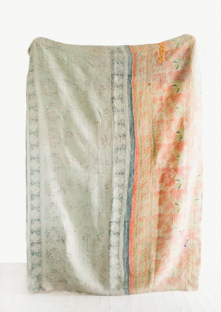 Reverse Side Of Vintage Patchwork Kantha Quilt in Mint/Orange  - LEIF
