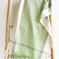 Tea Green: A green cotton tea towel draped over a ladder.