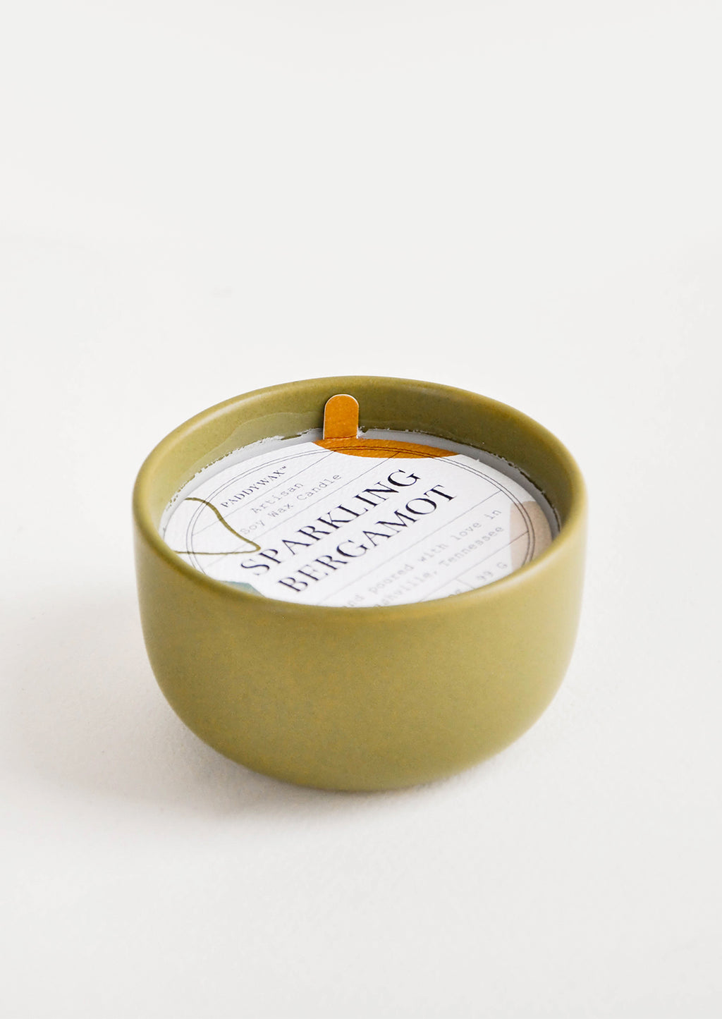 Sparkling Bergamot: Small scented candle in colorful olive green ceramic vessel