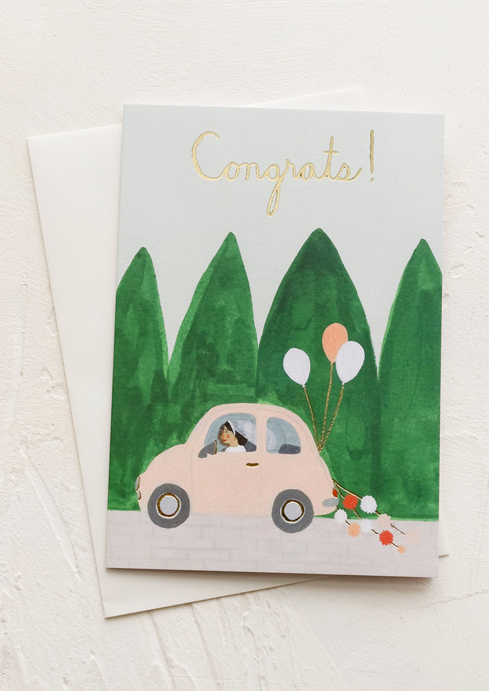 1: An illustrated greeting card with bride in a car with balloons, text reads "Congrats!"