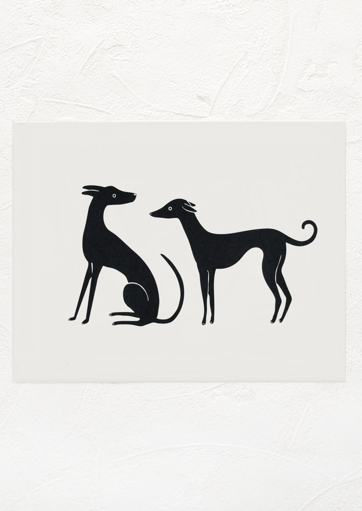 1: A black and white digital art print with imagery of two whippets.