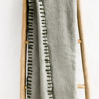Sage: A sage mohair blanket with olive yarn whipstitched trim.