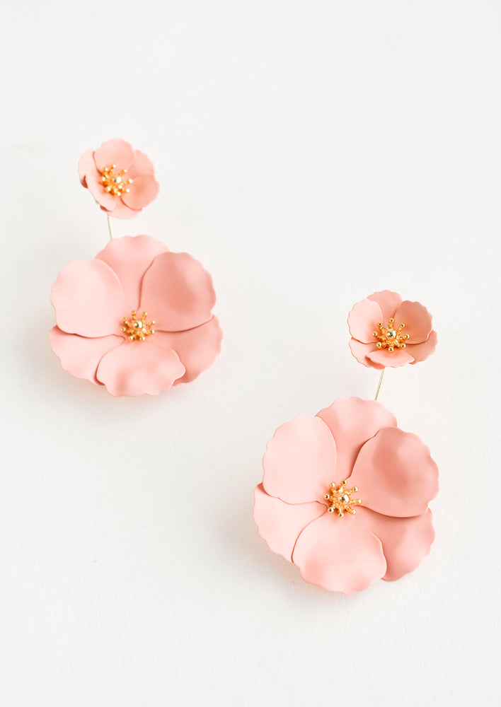 Peach: Two part pale pink and gold flower earrings with a small flower post and larger flower drop. 