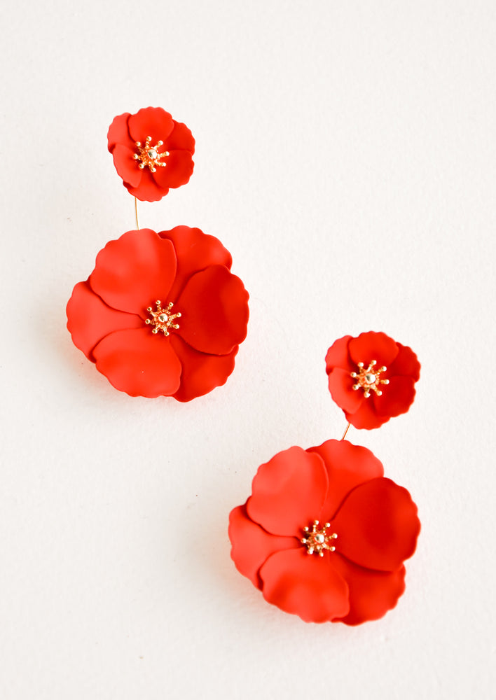 Flame: Two part poppy red and gold flower earrings with a small flower post and larger flower drop. 