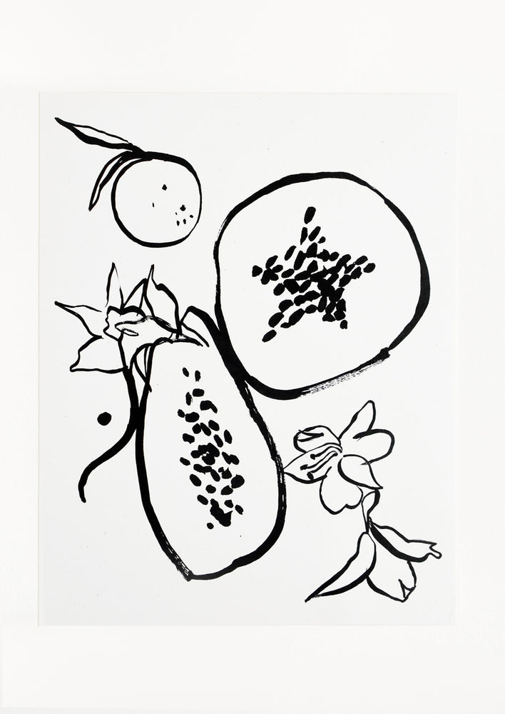 A minimalist black and white illustration of fruit.