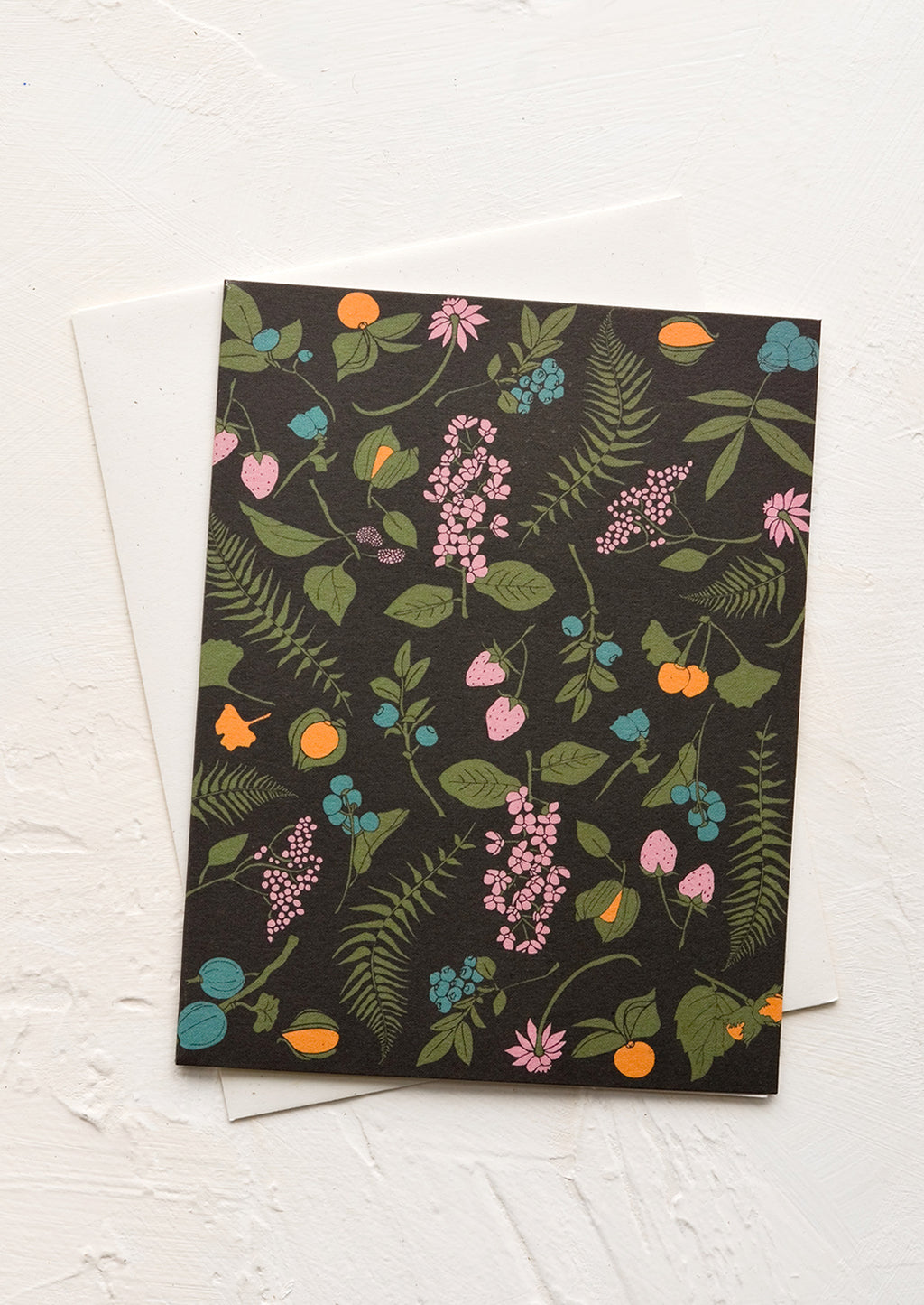 Black Foraged Fern: A greeting card with black background and berry/fern print.