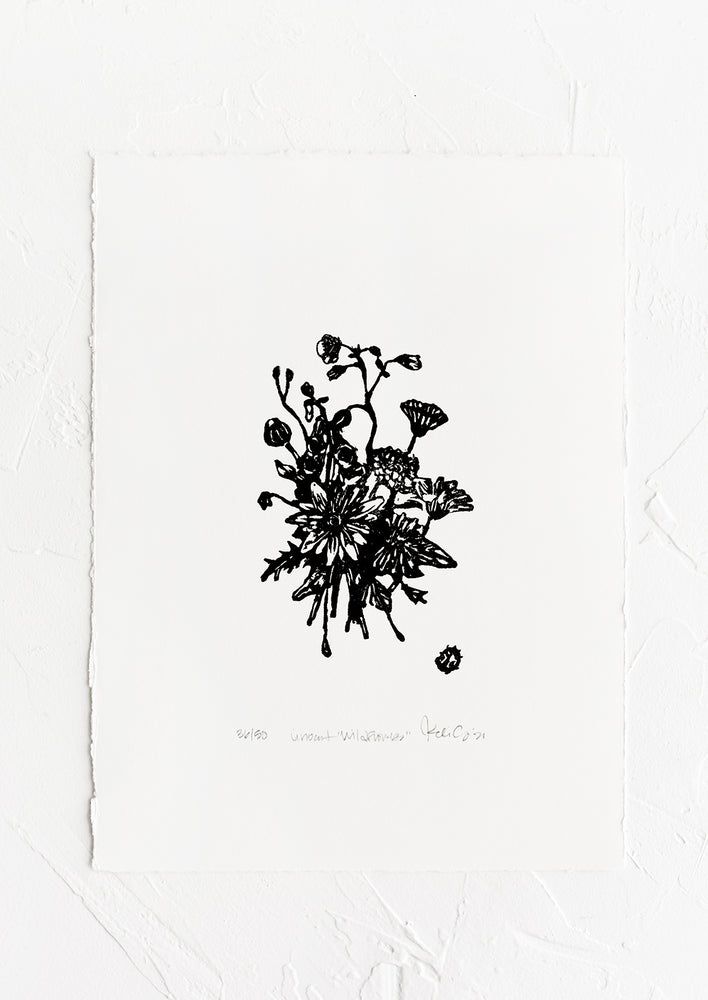 A linocut art print in black and white floral.