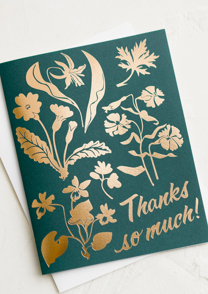 A dark green card with gold wildflowers and text reading "Thanks so much!".
