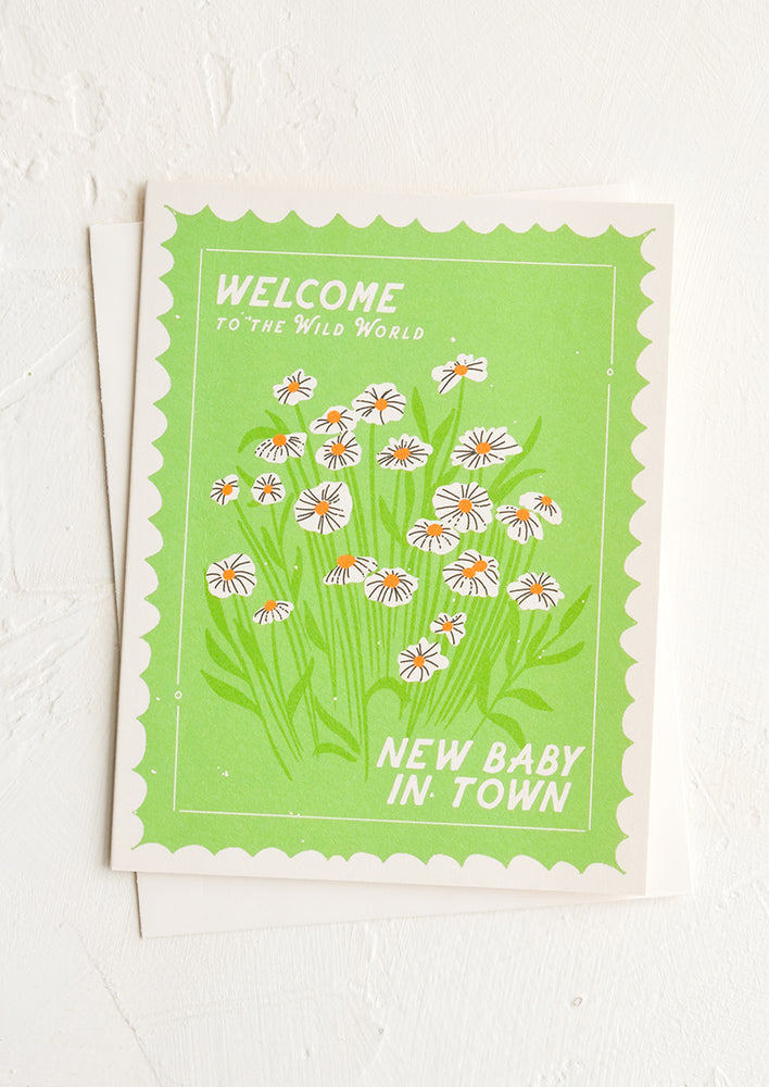 A greeting card designed to look like floral postal stamp.
