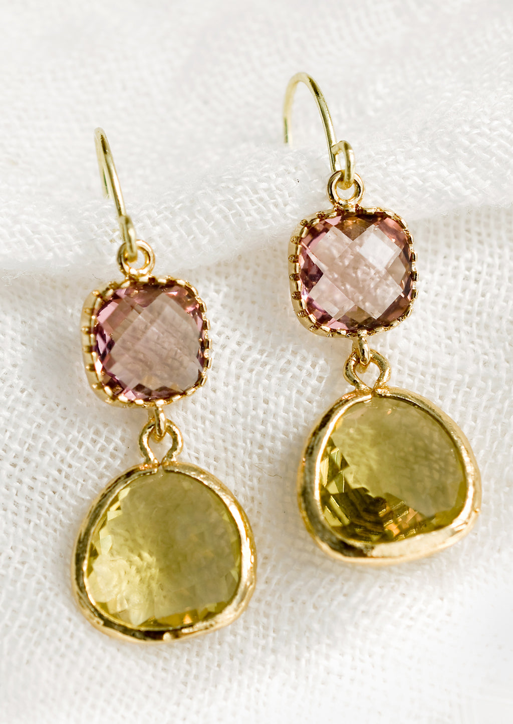 Rose / Citrine: A pair of two-stone bezeled gem earrings in rose and citrine.