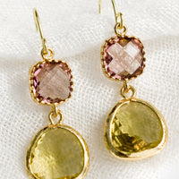 Rose / Citrine: A pair of two-stone bezeled gem earrings in rose and citrine.