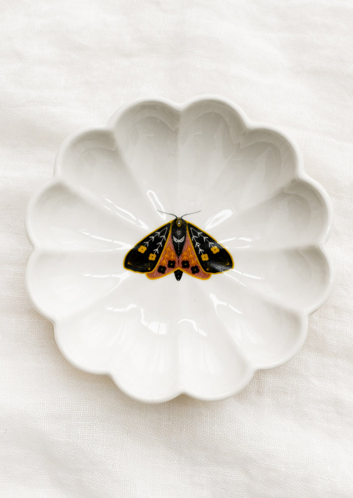 Black Moth: A white ceramic dish with scalloped shape and black and yellow moth illustration at center.
