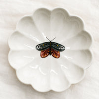 Dusty Blue Moth: A white ceramic dish with scalloped shape and pink and grey moth illustration at center.