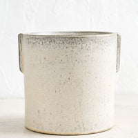 2: A neutral, speckled ceramic round planter with raised detailing at sides.